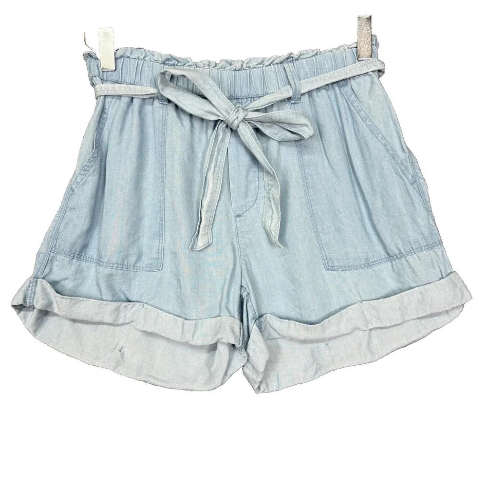 Aerie Shorts Womens Small Blue Chambray‎ Light Wash Belted Lightweight Jorts